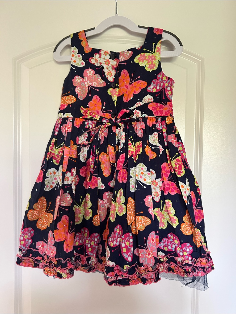 Youngland Navy Dress with Pink, Orange & Green Butterfly Print